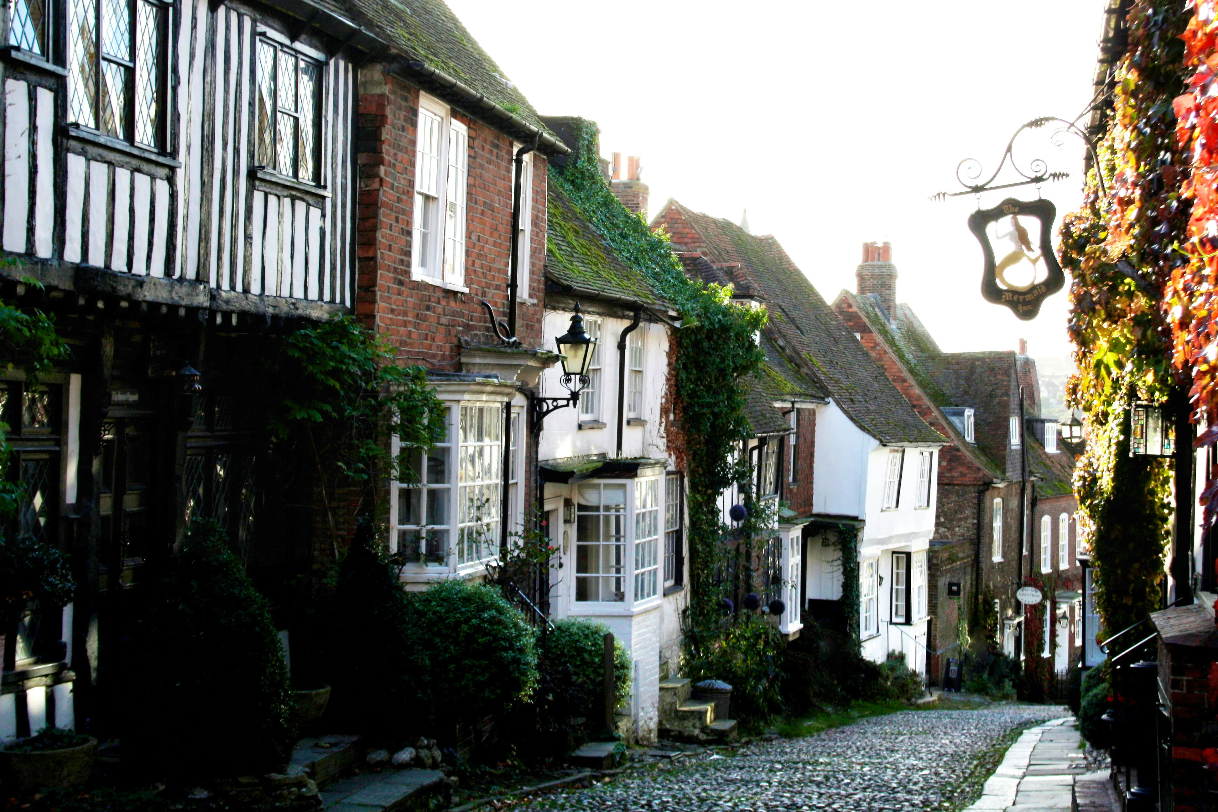 A sunlit cobbled street in Rye lined with timber-framed and brick houses, ivy and a hanging pub sign.