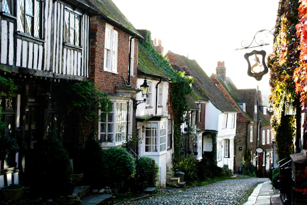 A sunlit cobbled street in Rye lined with timber-framed and brick houses, ivy and a hanging pub sign.