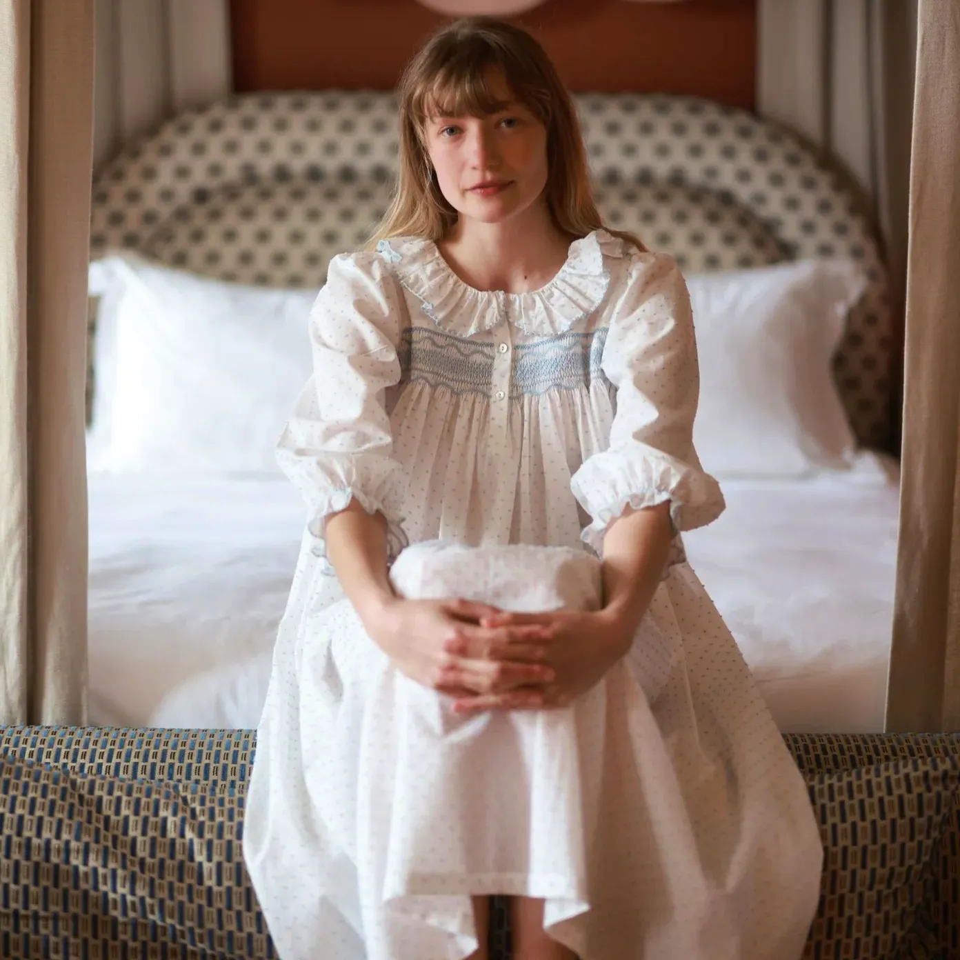 Smock London Forget Me Not Plumetti With Delphinium Hand Smocking, £165