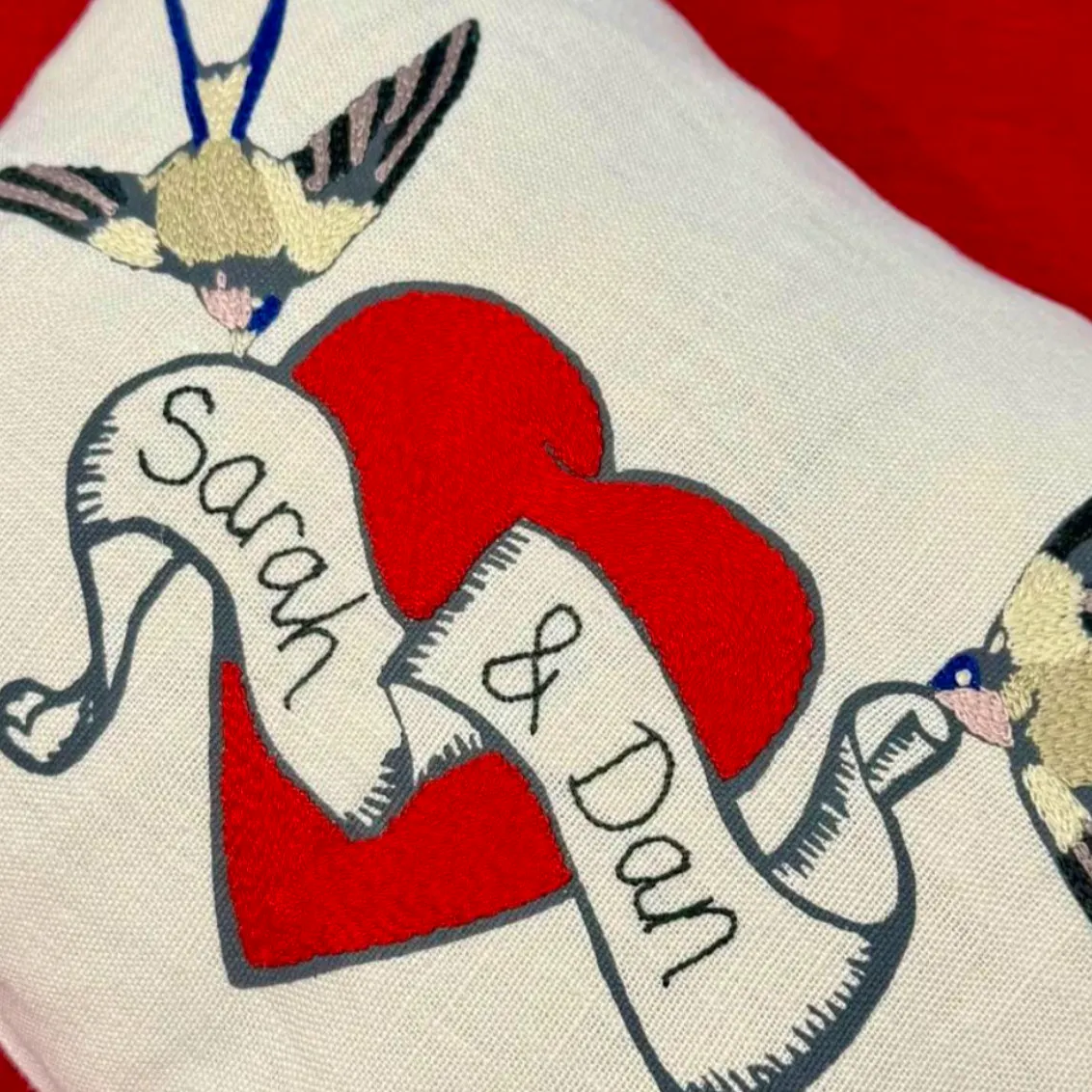 Fine Cell Work Personalised Hand-Embroidered Heart and Birds Cushion Holly & Co, £132.99