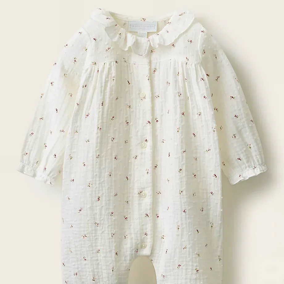 The White Company Organic Double Cotton Blend Ines Floral Frill Neck Sleepsuit, £30