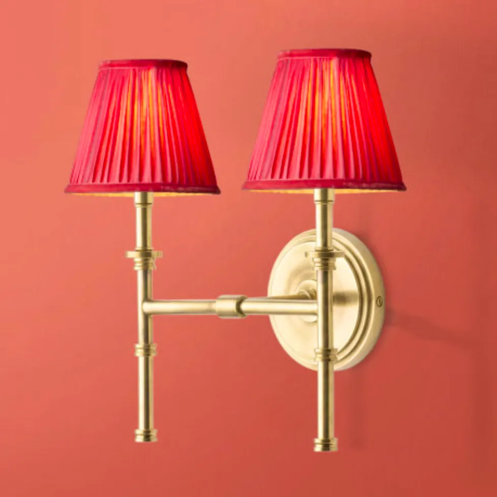 Pooky Double Chukka Rechargeable Wall Fitting in Antique Brass with Silk and Velvet Shades, £230
