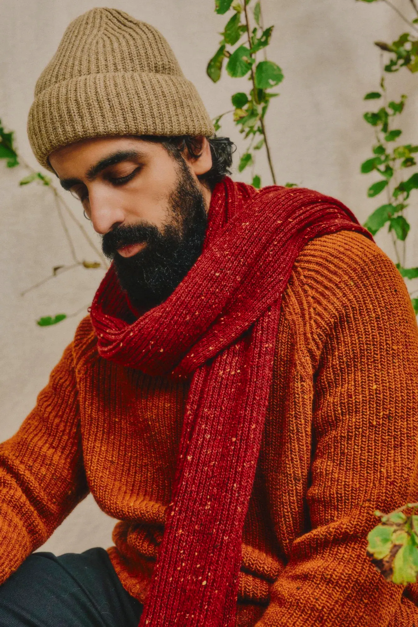 Oubas The Fishermans Donegal Merino Wool Rib Scarf in Brick Red, £75