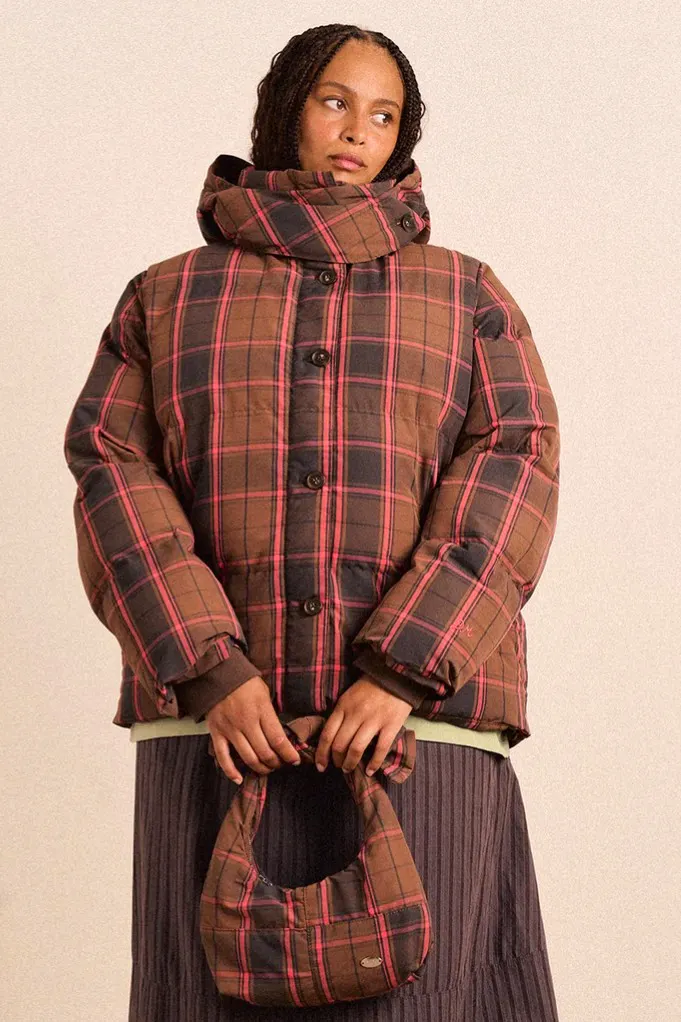 Damson Madder Pearl Hooded Puffer - Toffee Check, £145