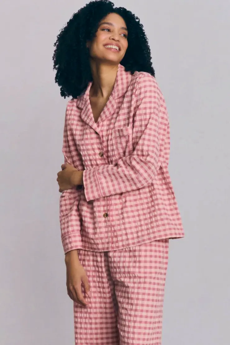 Piglet In Bed Dusty Pink & Rose Gingham Cotton Trouser Set, £99